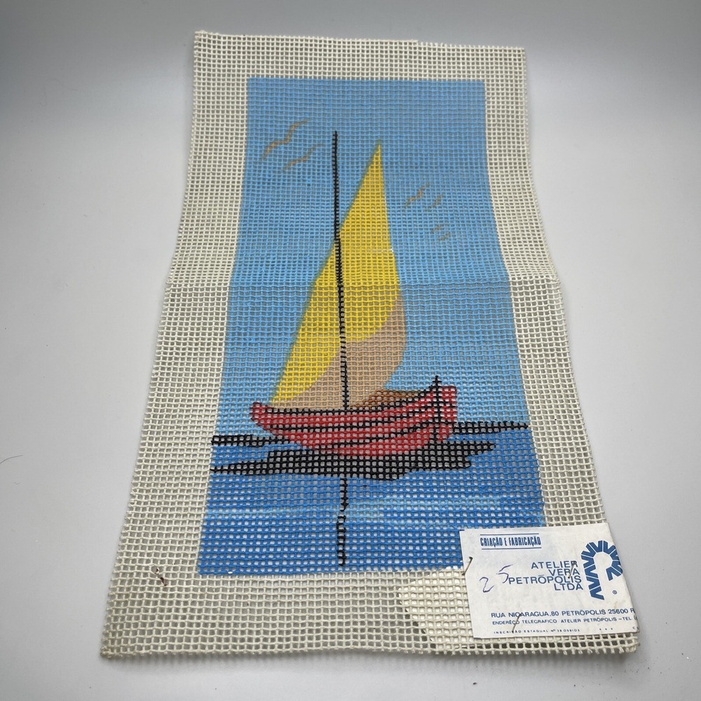 Vintage Rio de Janero Brazil Hand Painted Needlepoint Canvas Sailboat on Ocean - Picture 2 of 5